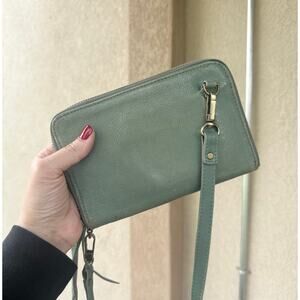 Joyn Handmade crossbody wallet leather & block printed cotton canvas light teal